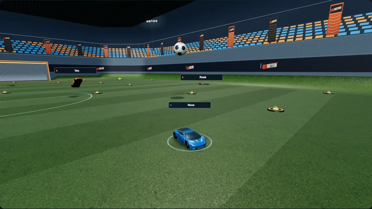 A Rocket League kickoff rebuilt in 3D from a replay file, ready for the AI coach to talk through